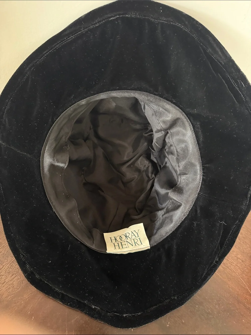 Vintage Hooray Henri Black Velvet Hat with Floral Accents and Gold Cameo